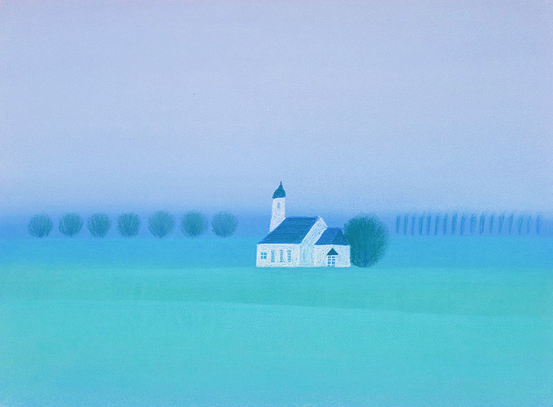 風景イラスト ブルーの空気につつまれた朝の草原の教会