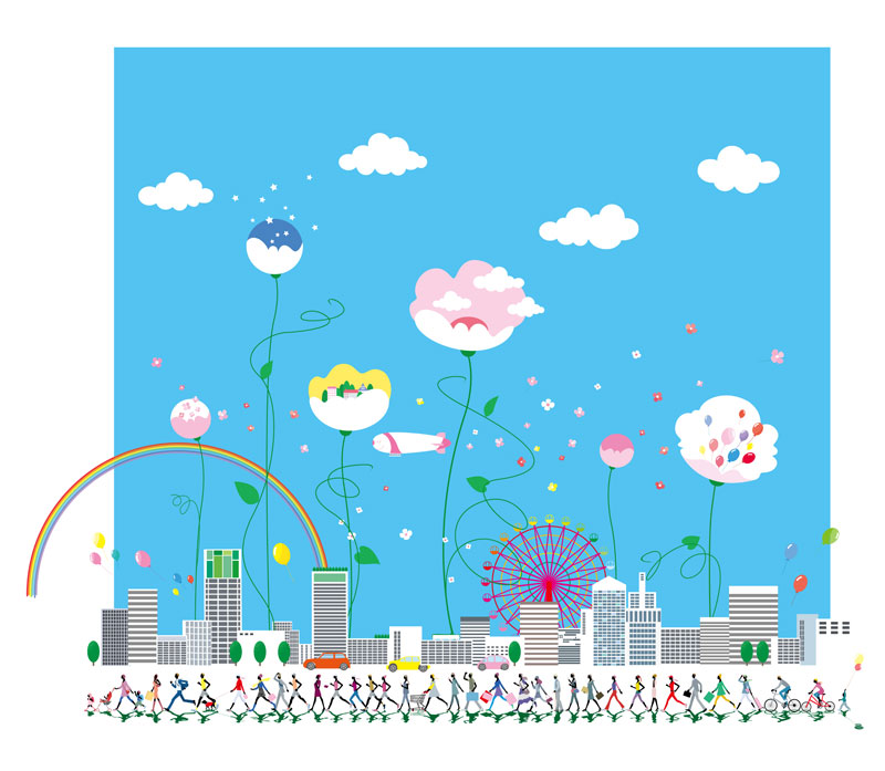 青空と花 虹と街を行進する人々のイラスト