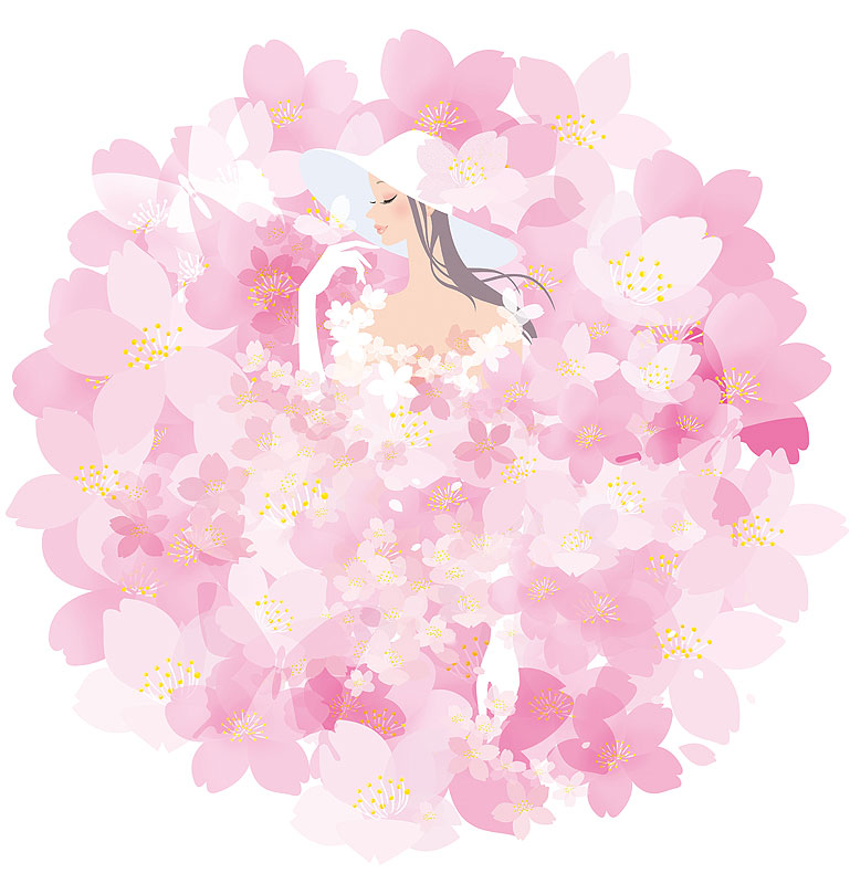 女性おしゃれイラスト 桜の花とお洒落な女性のイラストレーション