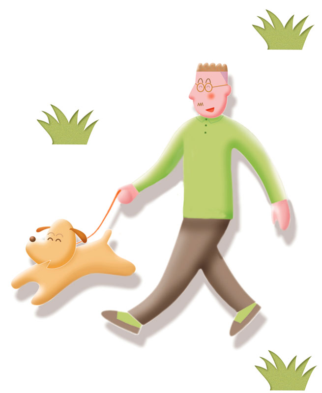 シニアと男性と犬の散歩イラスト