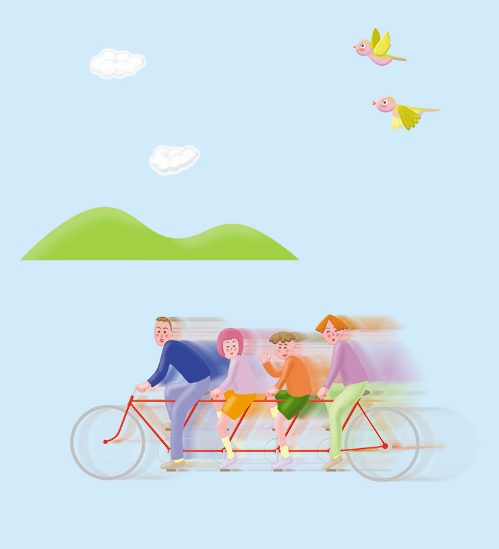 赤い連結自転車で走る親子のイラスト