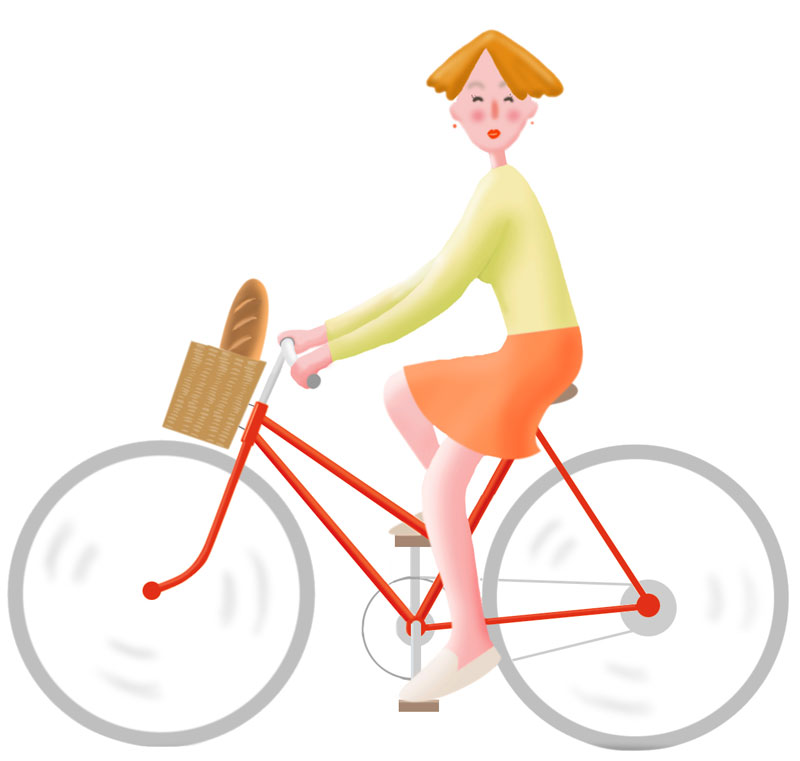 赤い自転車とフランスパンと笑顔の女性のイラスト